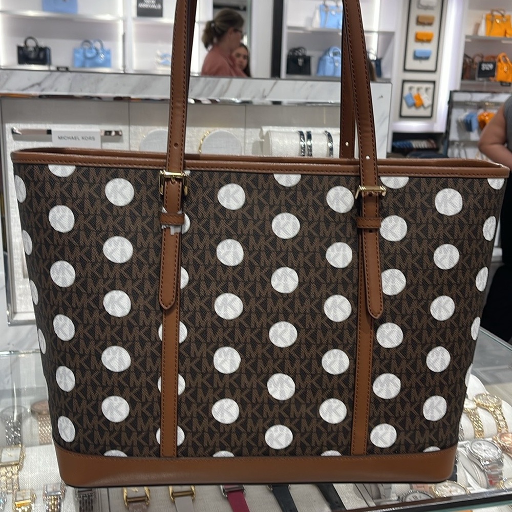 MICHAEL KORS JET SET TRAVEL LARGE TZ SHOULDER TOTE BAG MK BROWN DOTS CARRYALL - Picture 2 of 16